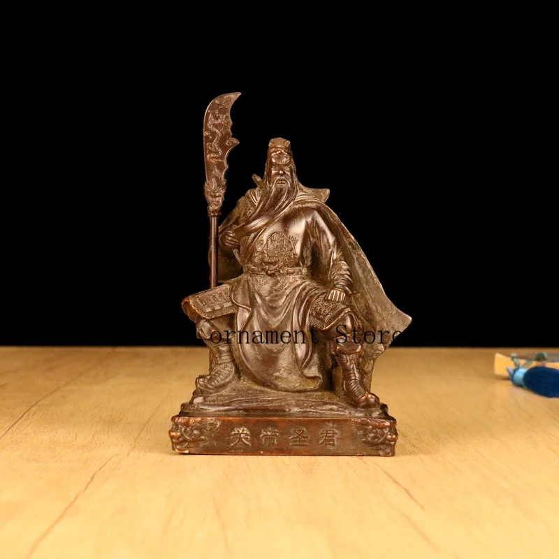 Vintage bronze Guan Gong figurine, depicting Guan Yu sitting with a large saber, a decorative alloy craft for home use