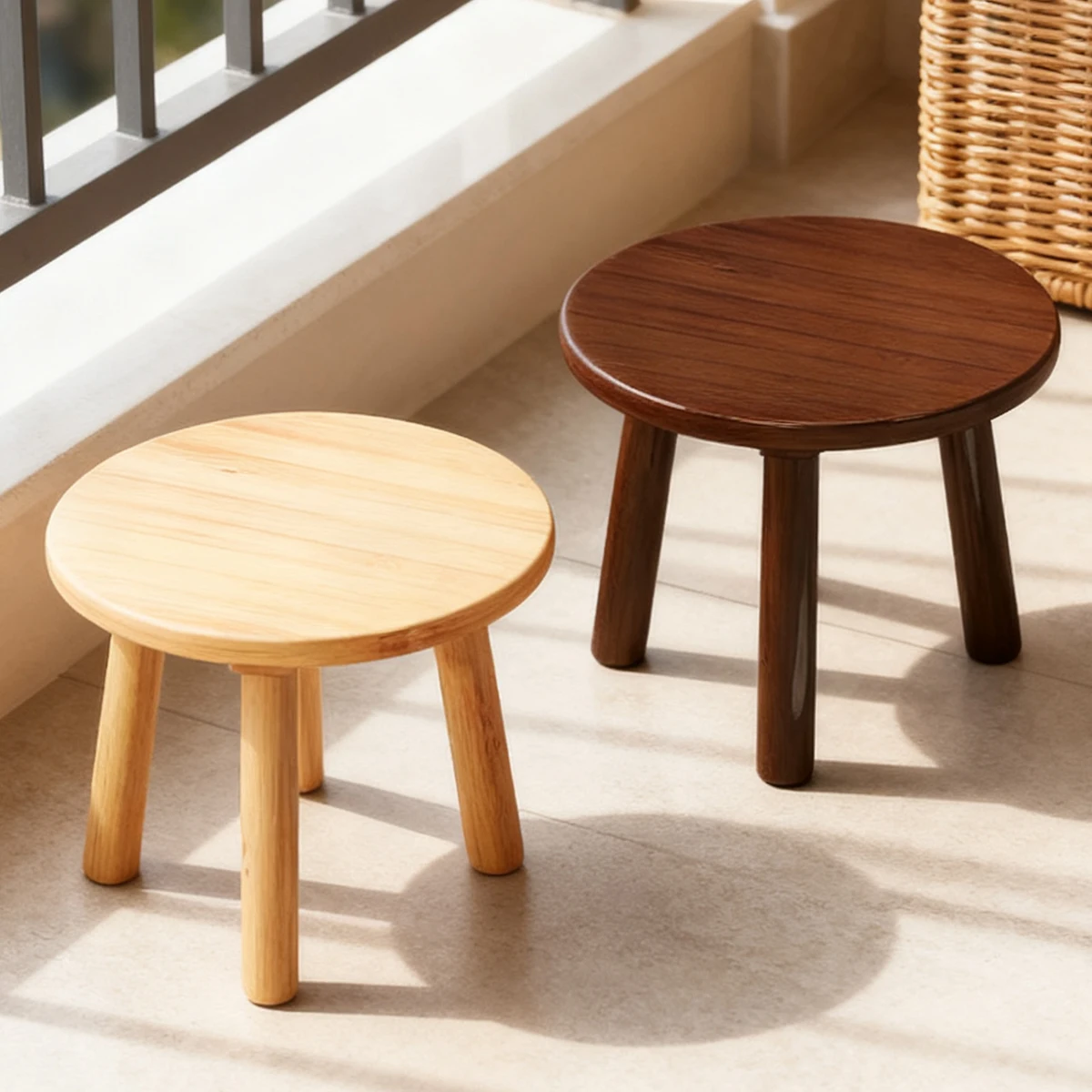 Mid-Century Bamboo Runder Hocker – 3-Bein-Pflanzen-/Fußständer (natürlich/Walnuss) für Wohnzimmer/Balkon