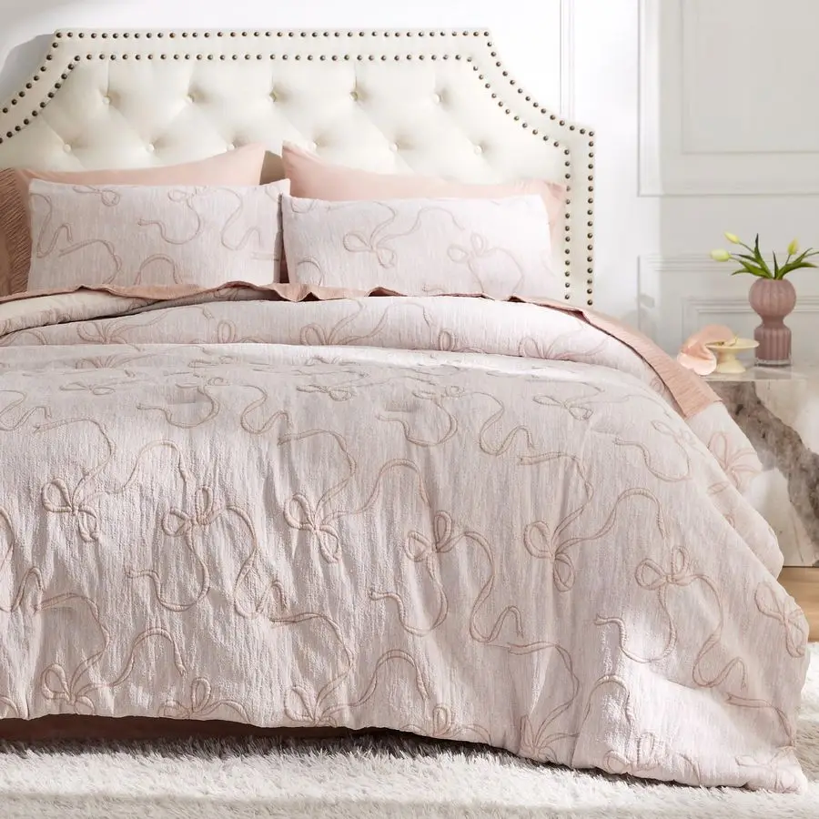 

Queen Comforter Set, Pink Boho Tufted Bed Set, 3D Puffy Jacquard Bedding Queen Size, 3 Pieces, 1 Farmhouse Shabby Chic Embroider