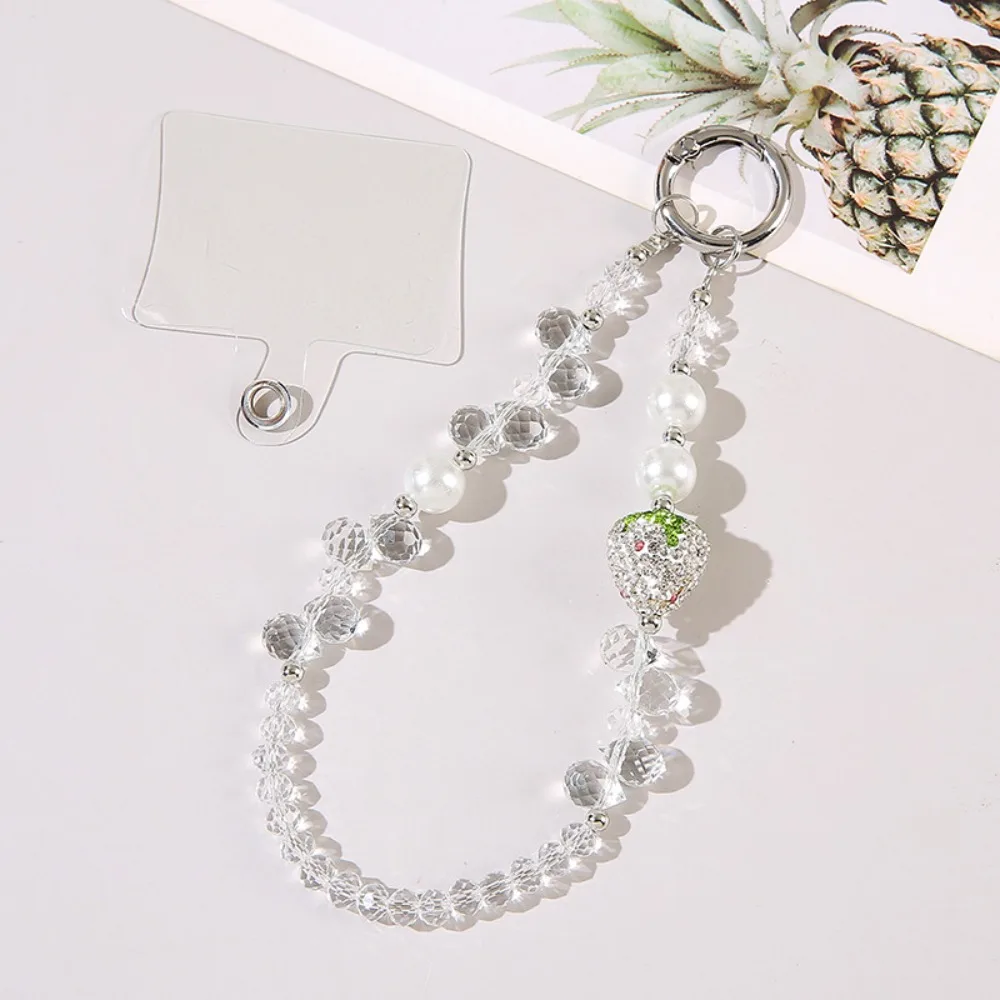 

With Clip Strawberry Crystal Pendant Anti-lost Beaded Bling Strawberry Phone Chain Bag Charms Short Pearl Mobile Phone Lanyard