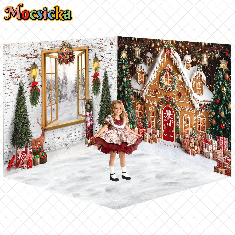 

Mocsicka Christmas Backdrop Photography Winter Snow House Tree Window Decors Wallpaper Family Holiday New Year Party Backgrounds
