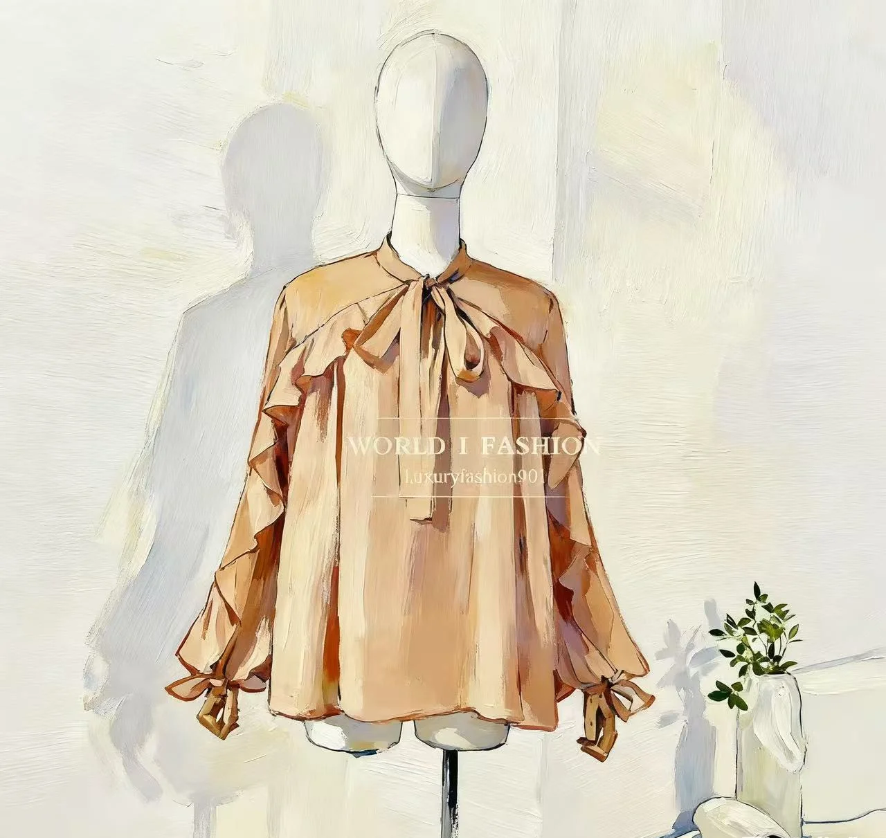 

2025 New Fashion Brown Flowing Long Sleeved Shirt V Neck Blouse Top