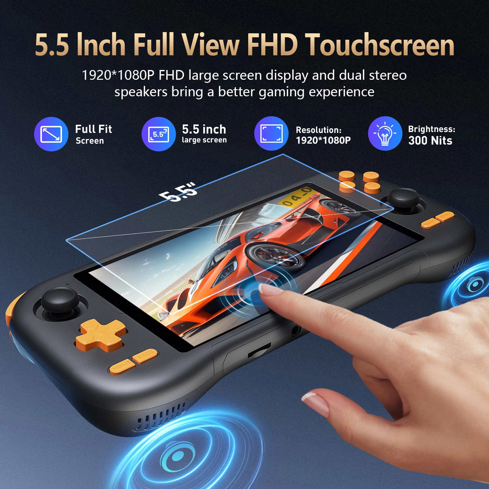 وحدة تحكم BOYHOM Super K56 Android 14 وحدة تحكم ألعاب محمولة 5.5 بوصة تعمل باللمس 5000 مللي أمبير في الساعة مع 50+ محاكيات 128 جيجابايت