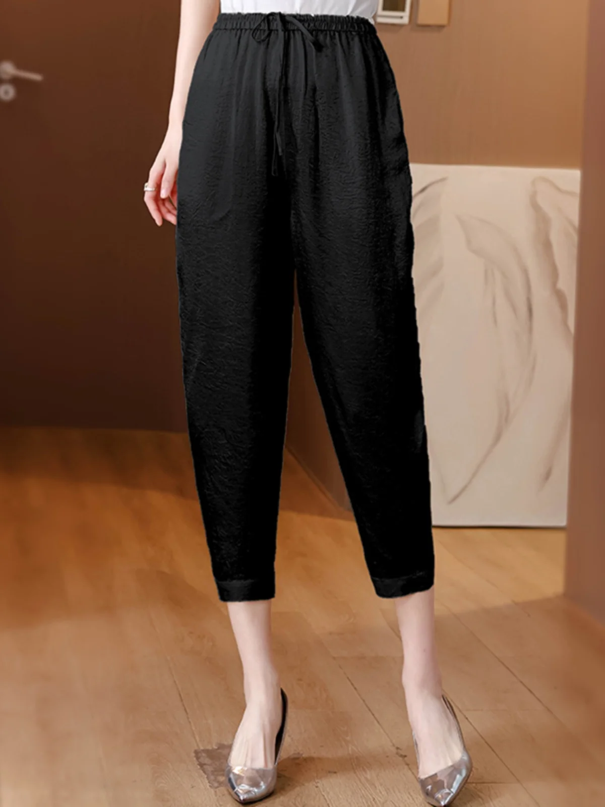 Ice Silk Acetate Women's Slim Fit Pants Summer 2026 New Fashion Lady Harlan Pants Seven-Quarter Cuffed Rutabaga Trousers