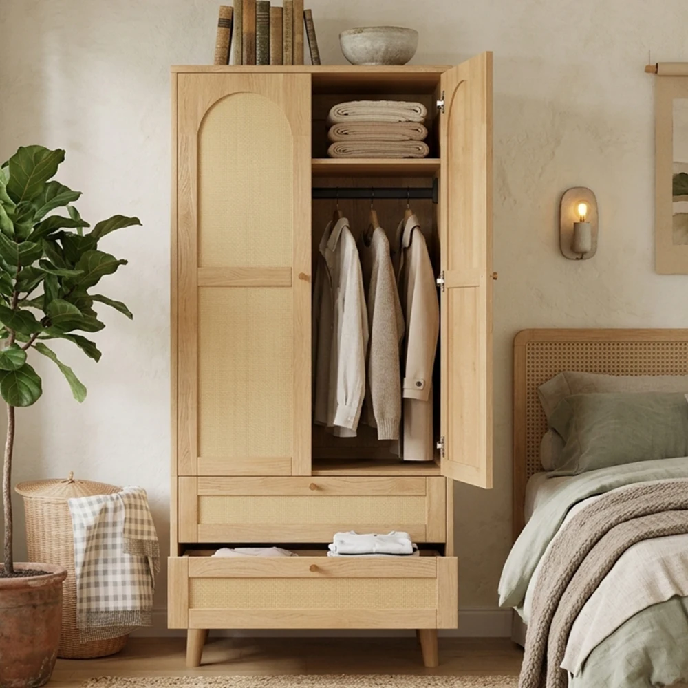 Armadio in legno moderno, autoportante, con struttura in vimini e rete di rattan, ideale per riporre abiti, dotato di ampi scomparti e due cassetti spaziosi, perfetto come mobile contenitore per abiti