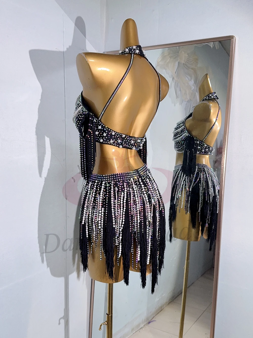 Costume de danse latine AB Stone pour femmes et enfants adultes, robe de spectacle de Samba à franges noires et blanches personnalisées haut de gamme