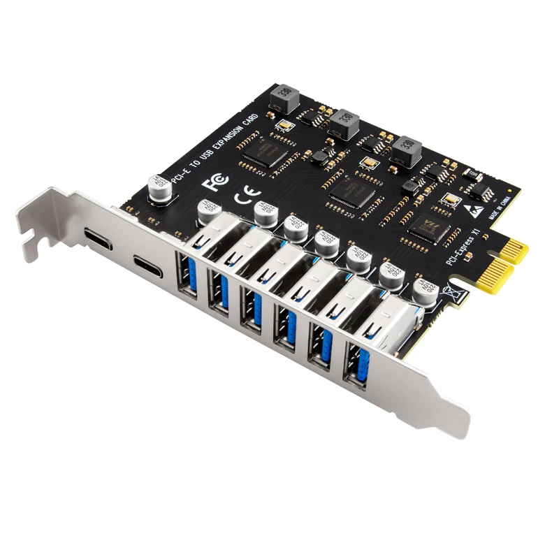 

Плата PCIe X1 для USB 3,2, 5 Гбит/с, 8 портов (6 USB A + 2 типа C)