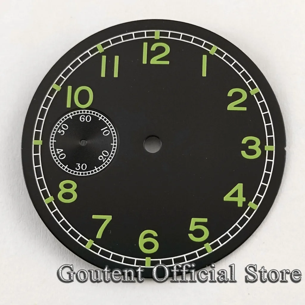 Goutent 38.9mm Black Watch Dial Green Luminous Fit ETA 6497 ST36 Movement Men\'s Watch Face