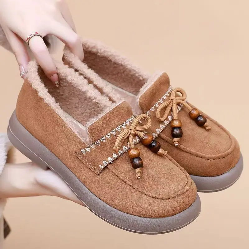 

Women Winter New Shallow Flat Sole Cotton Shoes Soft Sole Round Toe Slip On Plush Keep Warm Middle Aged And Elderly Casual Shoes