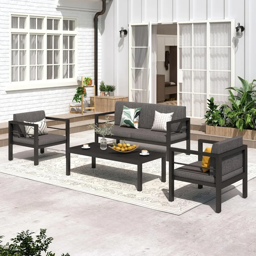 

Outdoor Aluminum Furniture Set - 4 Pieces Modern Patio Conversation Sofa Sets with Upgraded Removable Cushion, Outside Sectional