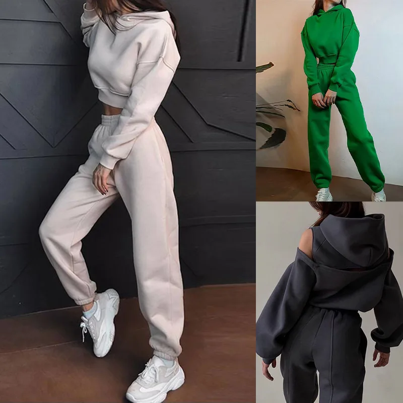 Sexy Off Shoulder Hooded Sweatshirt Pants Two Piece Sets Women Casual Loose Pullover Tops Outfits Autumn Winter Sports Pant Sets