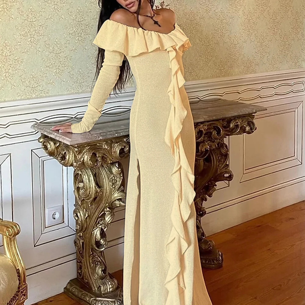 Vestido largo drapeado de manga larga con hombros descubiertos y abertura lateral para mujer, moda modesta de verano