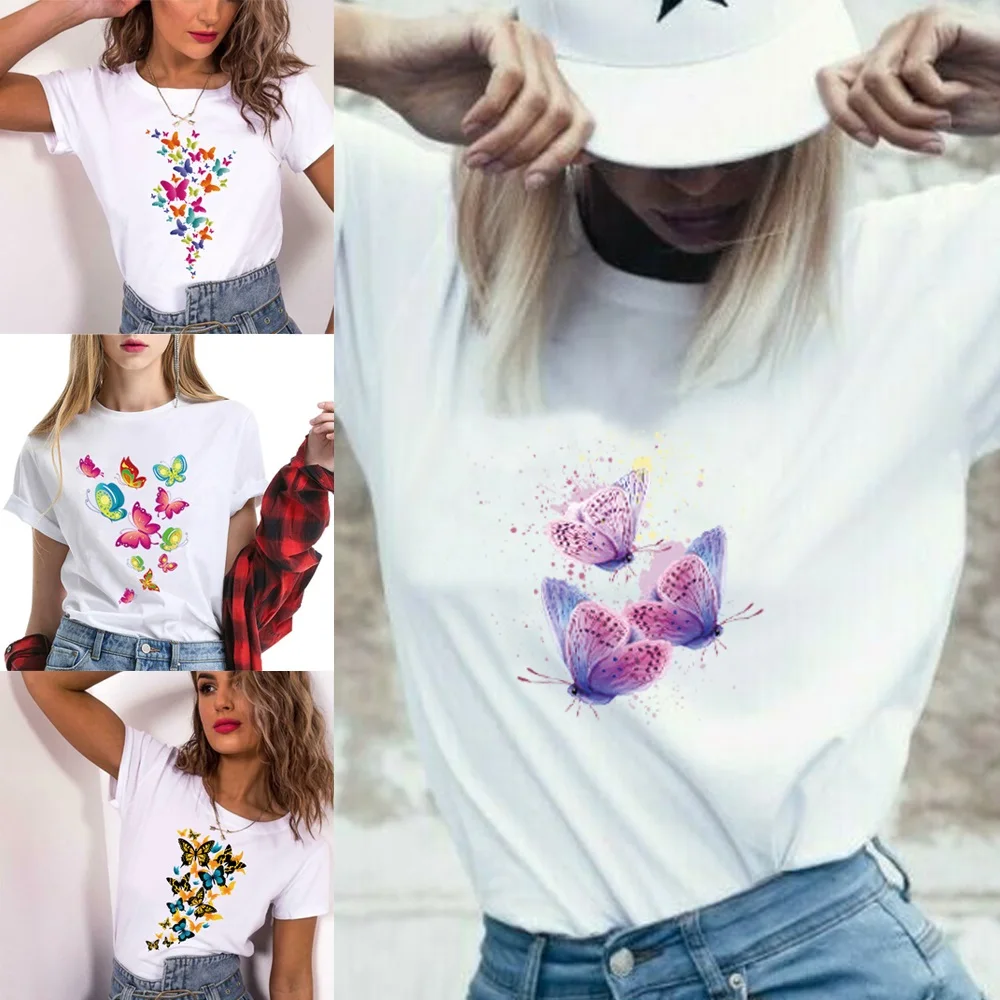 Women Clothing Ladies Cartoon Pattern Short Sleeve Spring Summer O-neck T-Shirt Butterfly Printing Women's T-Shirt Casual Tops