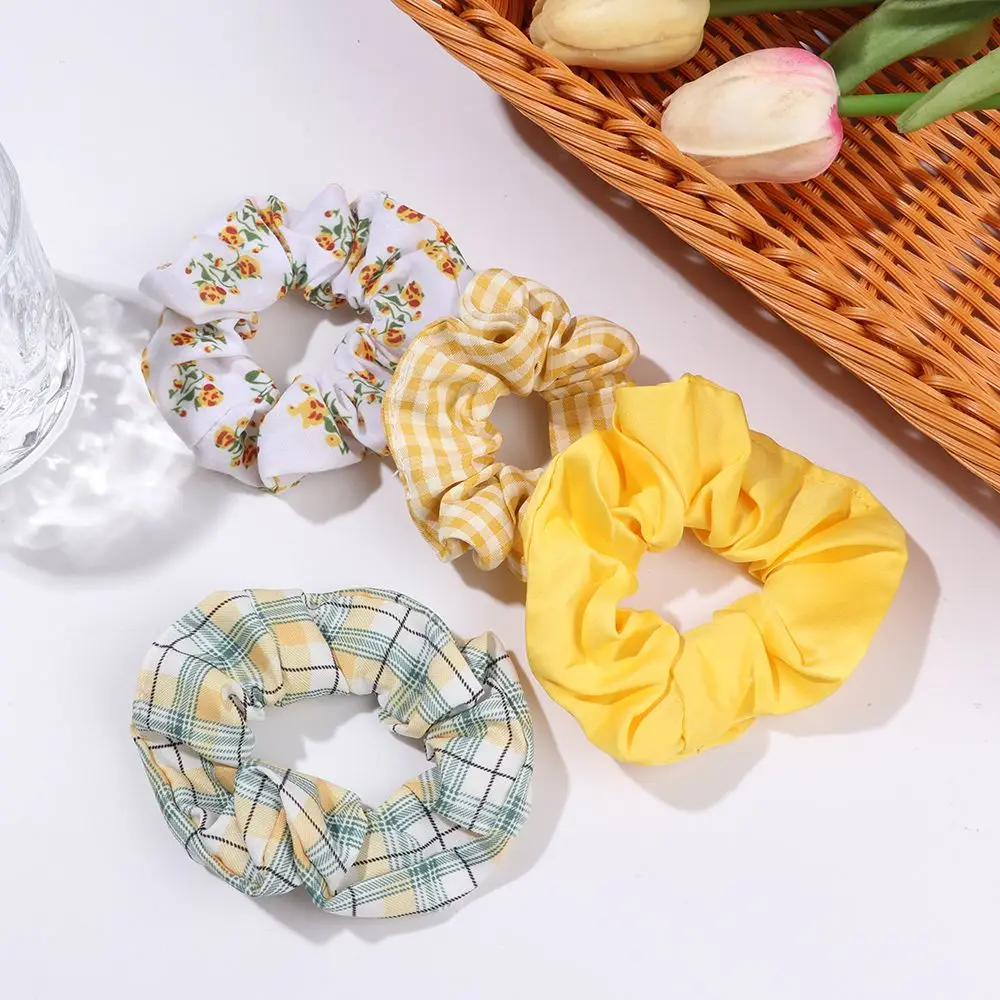 Women Lady Female Flower Hair Accessories LatticePrint Elastic Hairs Ties Yellow Scrunchies Hair Rope Girls Headwear