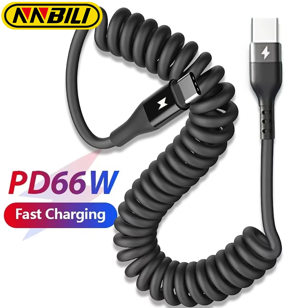 NNBILI 66W 5A Fast Charging Spring Type C to Type C Cable for iPhone 15 16 Samsung Xiaomi Huawei Phone Car USB C Cables 1M/2M ﻿