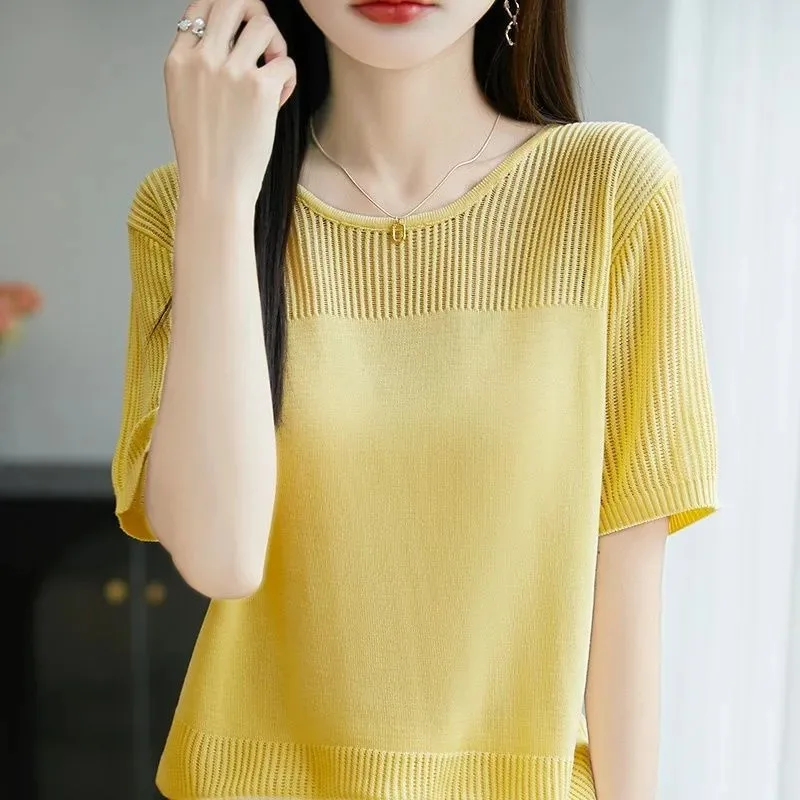

Summer Women's Top Neck Short Sleeve Contrast Mesh Stripe Loose Ice Silk Knit Casual Tops