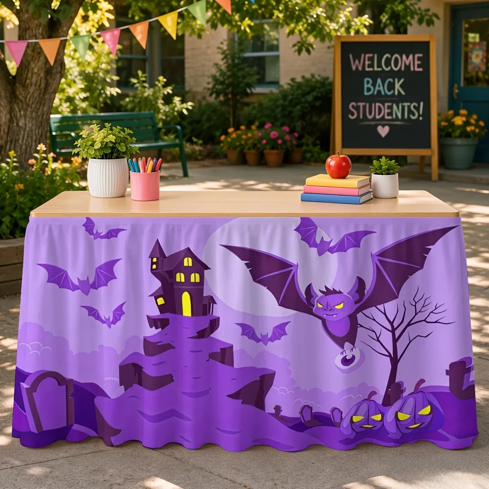 One Halloween-themed bat haunted house printed table skirt,suitable for use in events,kitchens and restaurants as decoration.xzj
