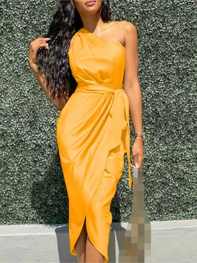 

New Women's Summer Fashion Irregular Sexy Sloping Collar Off Shoulder Belt Slim Fit Satin Solid Color Long Skirt