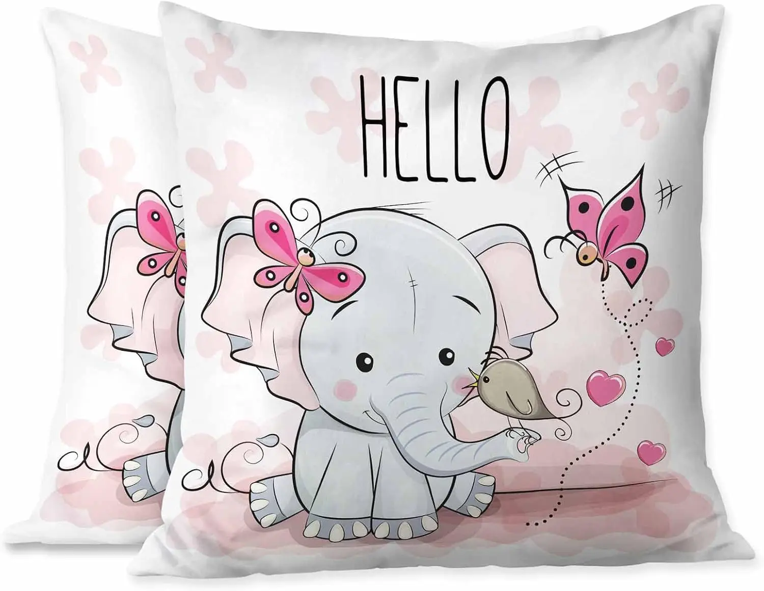 Square Cushion Cases Cute Cartoon Elephant with Bird and Pink Butterfly Pack,Throw Pillow Case Decor for Bedroom 45x45cm 18x18In