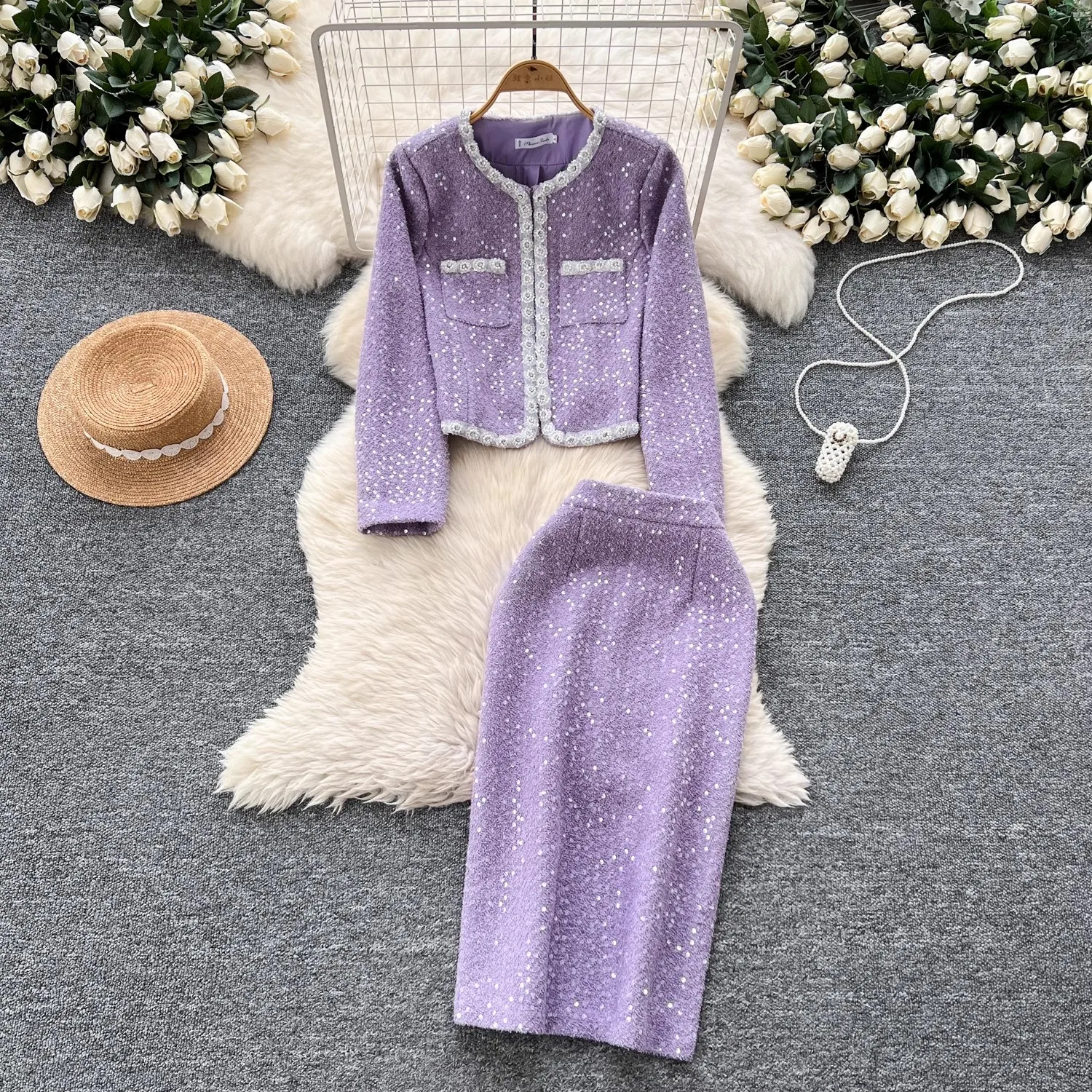 High Quality Purple Sequins Shiny Tweed 2 Piece Set Women Autumn Winter Temperament Jacket Outwer+Office Skirt Sets