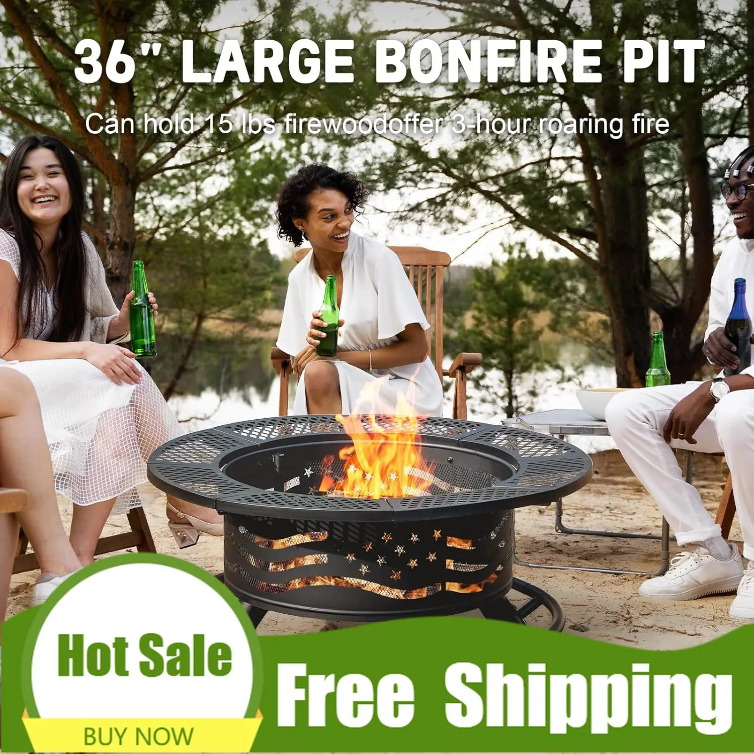 

Premium 36 Inch Fire Pit with 2 Cooking Grates,Outdoor Wood Burning BBQ Grill Firepit Bowl with Cover Lid,Steel Round Table for