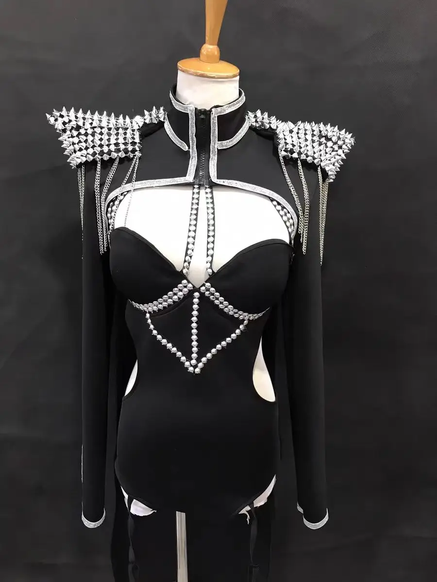 Black Sexy Women Rivets Customs 2 pieces Stage Performance Set Nightclub Bar DJ Singer gogo Leading Dance Outfits