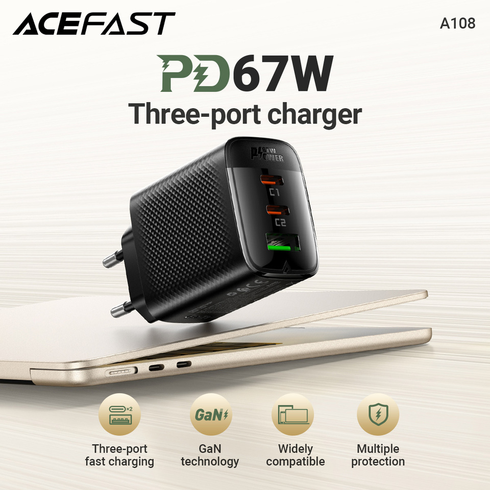  ACEFAST EU Plug PD67W USB C Fast Charging Phone Charger For iPhone 17 16 Pro Max 22.5W USB A Quick Charging For Samsung S25 S24 