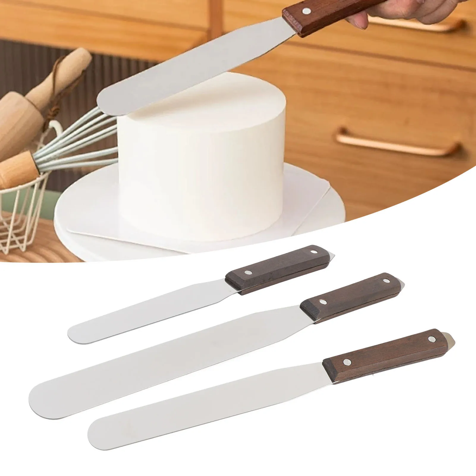 ملعقة تزيين مستقيمة من الفولاذ المقاوم للصدأ بمقبض خشبي ملعقة تزيين الكيك ملعقة صقيع للخبز ملعقة تزيين مستقيمة #3