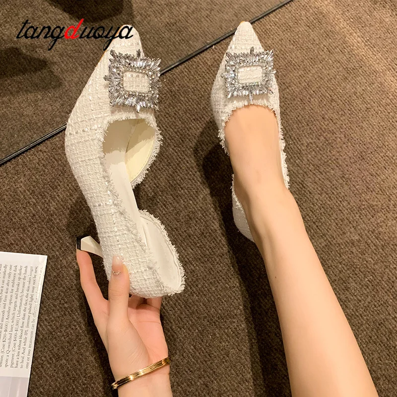 Kryształowe buty na wysokim obcasie damskie sandały luksusowy projektant szpiczaste buty na imprezę pantofle letnie 2024 New Sexy Femme pompki