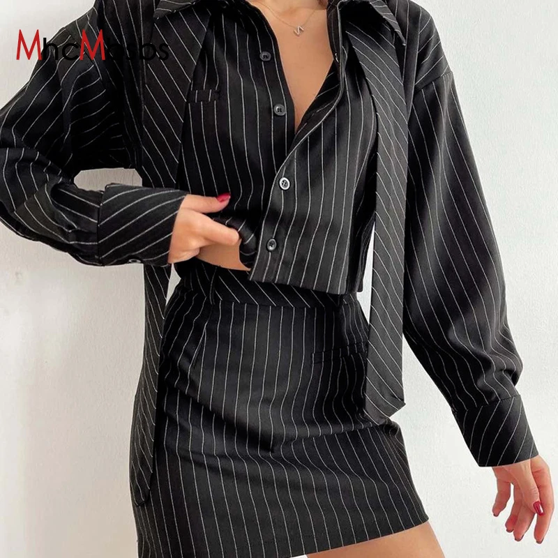 

Fashion Loose Stripe Print 2 Piece Sets Women Outfit 2024 Elegant Long Sleeve Tie Shirt With High Waist Mini Skirts Set