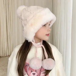 New Girls Knitted Pom Pom Ball Beanie Cap Outdoor Warm Fluffy Winter Hat for Girls Plush Baby Hat Toddler Ear Protection Cap