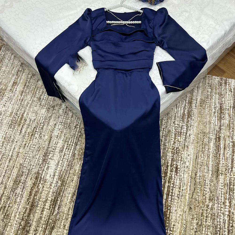 Crystal Satin Lace Up Back Square Neck Long Sleeves Floor Length Back Slit Sweep Train Graceful Criss-Cross Evening Dress 2024 image 3