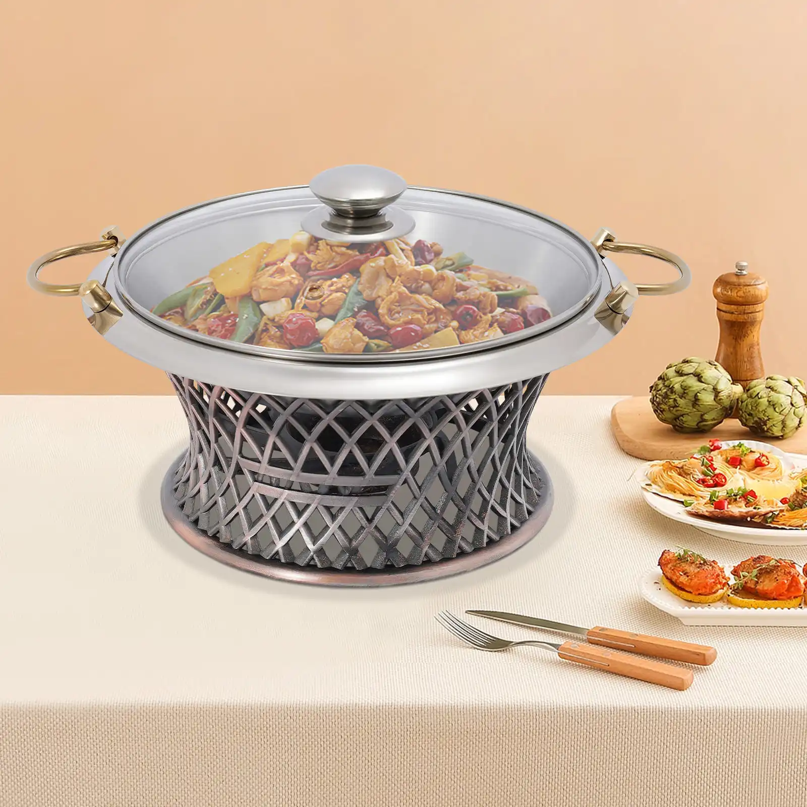 

Buffet Round Chafing Dish Food Pan, 9.45in Inner Diameter with Clear Lid and Vent Hole for Families, Cafeterias, Company Parties
