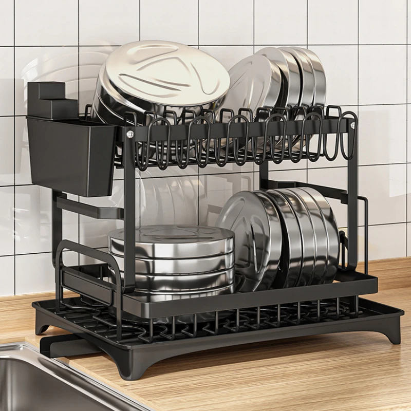 2-Tier Dish Drying Rack Cutlery Organizer with Drain Tray and Drip Line Cup Holder Kitchen Table Storage for Accessories