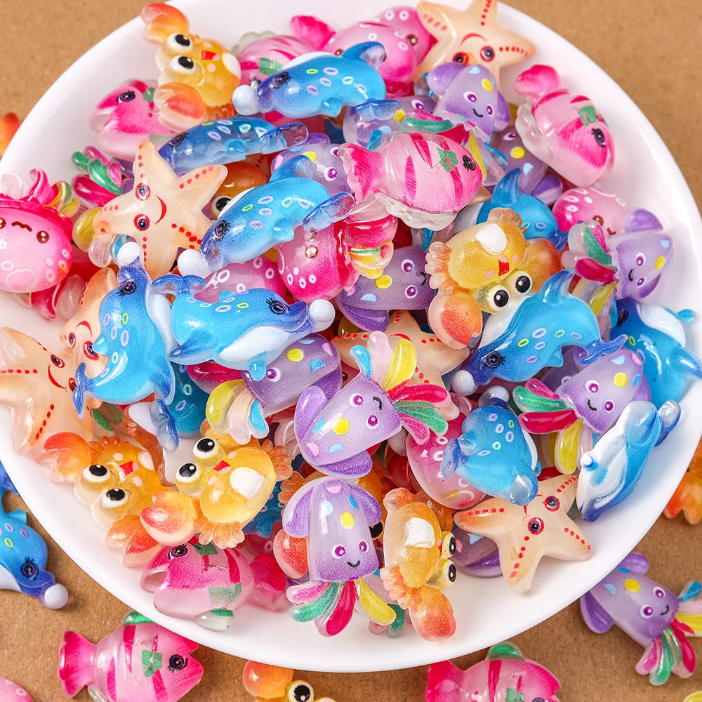 15pcs Mix Cute Starfish Crab Whale Squid Fish Flatback Cabochon Embellishments DIY Scrapbooking for Girls Hairpin Birthday Gifts