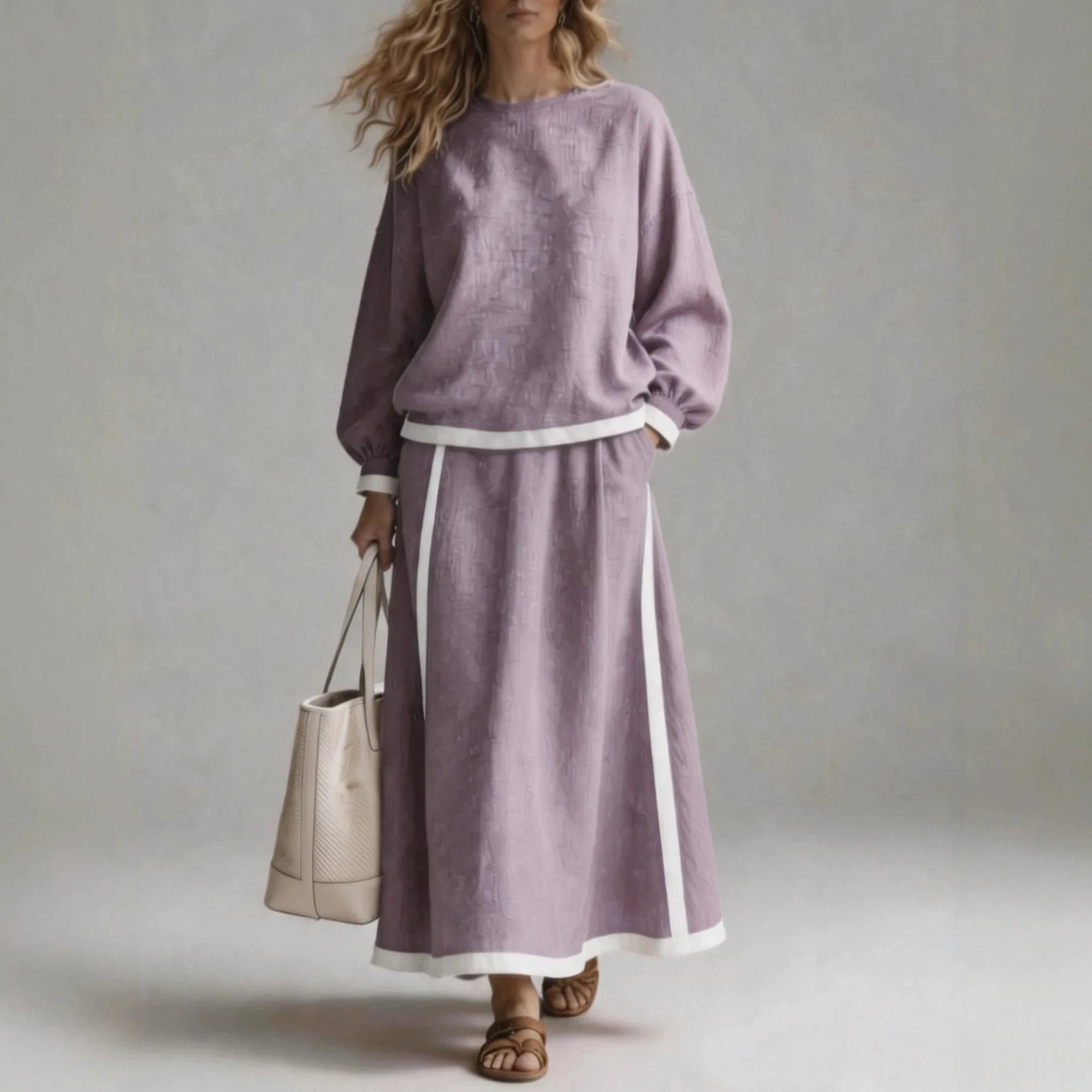 Women's Autumn New Patchwork Two Piece Set Round Neck Long Puff Sleeve Blouse Elastic Waist Side Stripe Midi Skirt Two Piece Set