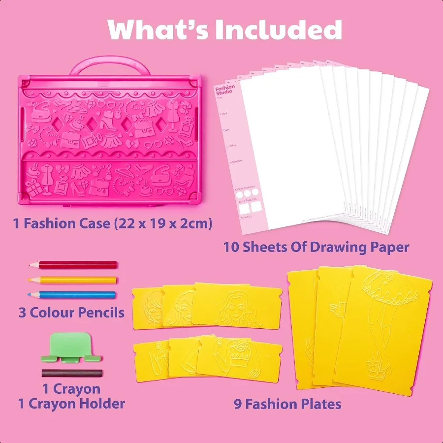 : KidzMaker: My Design Portfolio Fashion Studio Design Draw Outfits Mix Max Pattern Rubbing Plates Travel Case Arts Craft Set 5