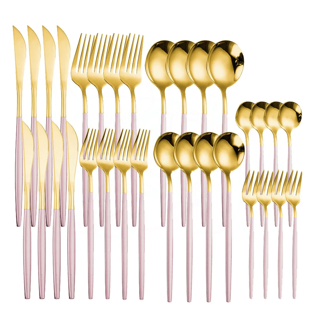 

32Pcs Pink Cutlery Set Gold Stainless Steel Dinnerware Mirror Resueable Knifes Spoons Fruit Forks Golden Tableware Flatware Set