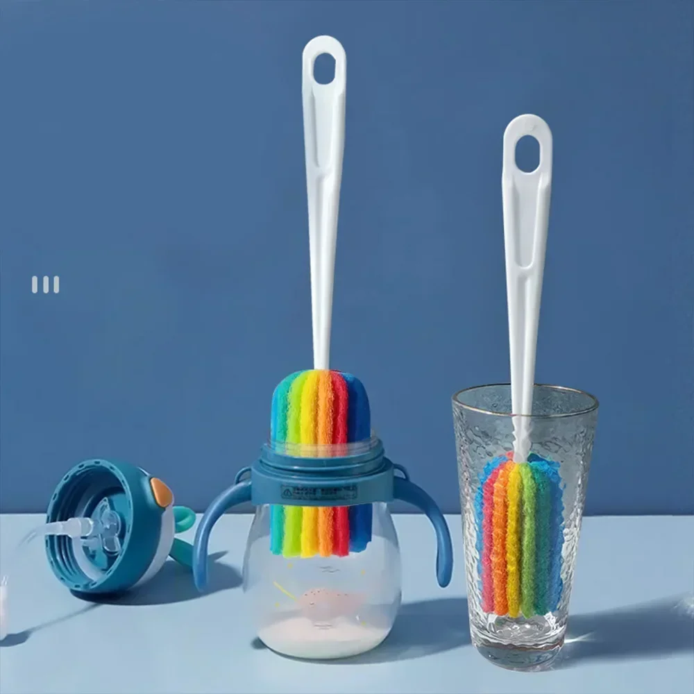Newborn Baby Rainbow Sponge Brush Water Bottle Cup Mug Glass Washing Sponge Cleaning Scrubber with Handle Cleaning Utensils