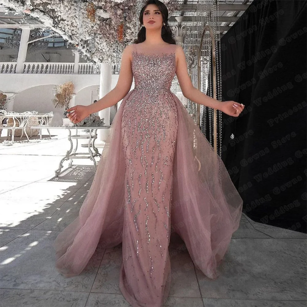 

Exquisite Pink Formal Evening Party Dresses O-Neck Floor Length A-Line Shiny Spaghetti Strap Elegant Fashion Women Prom Gowns