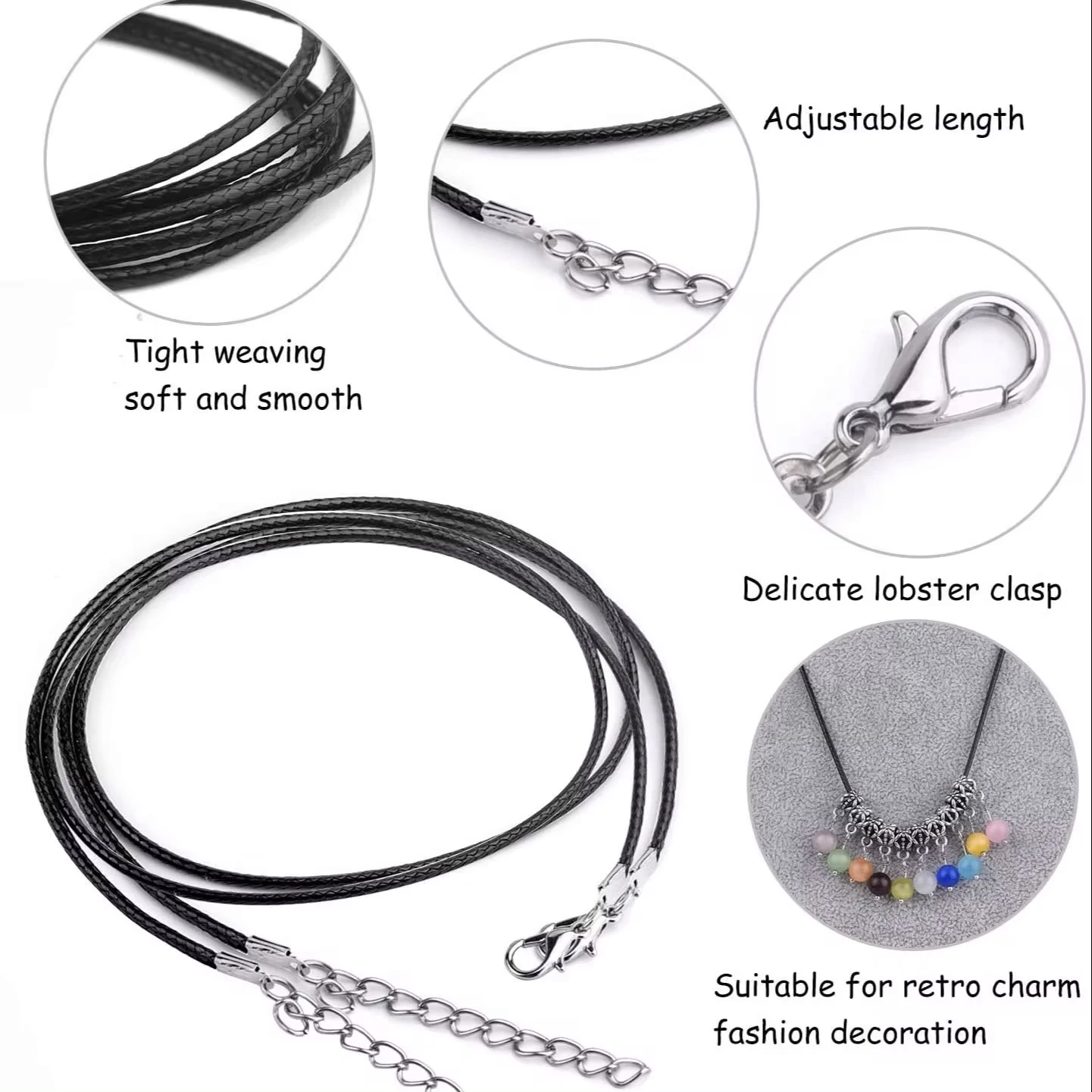 10/20/50Pcs/Lot 50cm Adjustable Black Leather Rope Wax Cord DIY Pendant Lanyard Necklace Lobster Clasp String Cord Jewelry Chain