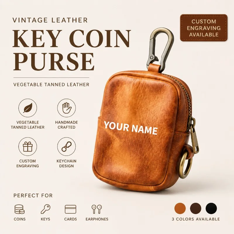 Genuine Leather Key Pouch Keychain Vintage Vegetable Tanned Leather Key Holder Coin Purse Multi-functional Custom Engraved