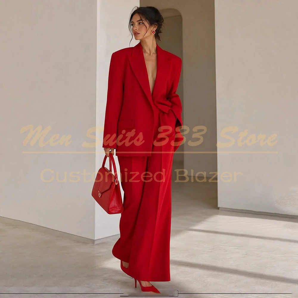 Elegant Red Evening Women's Suits High Quality One-Button Loose 2 Piece Jacket Pants Outfits Customized Female Clothing