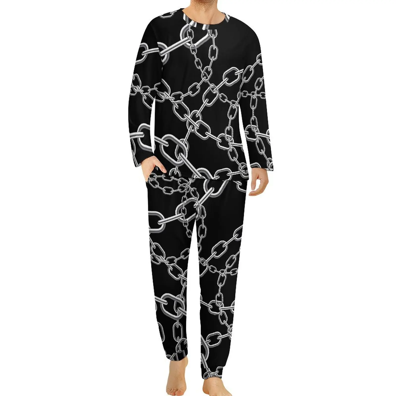 White Chain Pajamas Long Sleeve Links Print 2 Pieces Home Pajama Sets Autumn Men Design Fashion Big Size Sleepwear