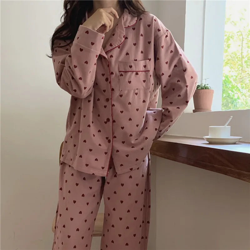 Heart Print Autumn Pajamas Set Women Single Breasted Shirts + Trousers Set Sleepwear Home Suit 100% Cotton Korean Sweet