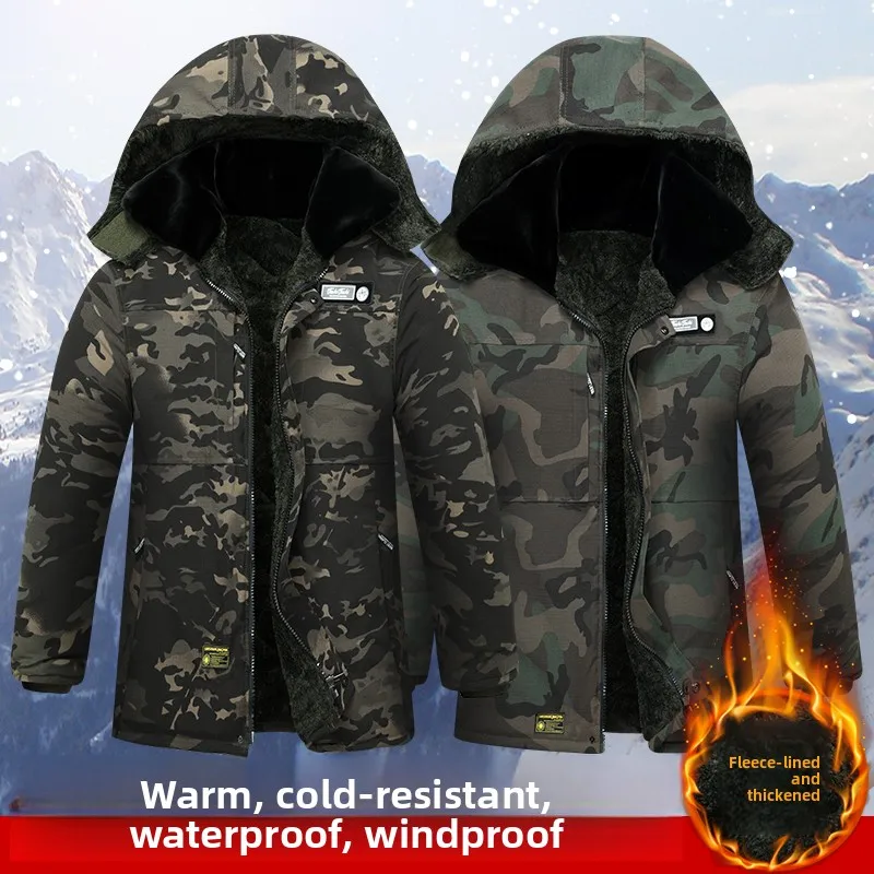 

Men's Winter Thiened Fce Lined Cotton Jaet Waterproof Windproof Outdoor Workwear Camouflage Warm Long Coat for Youth