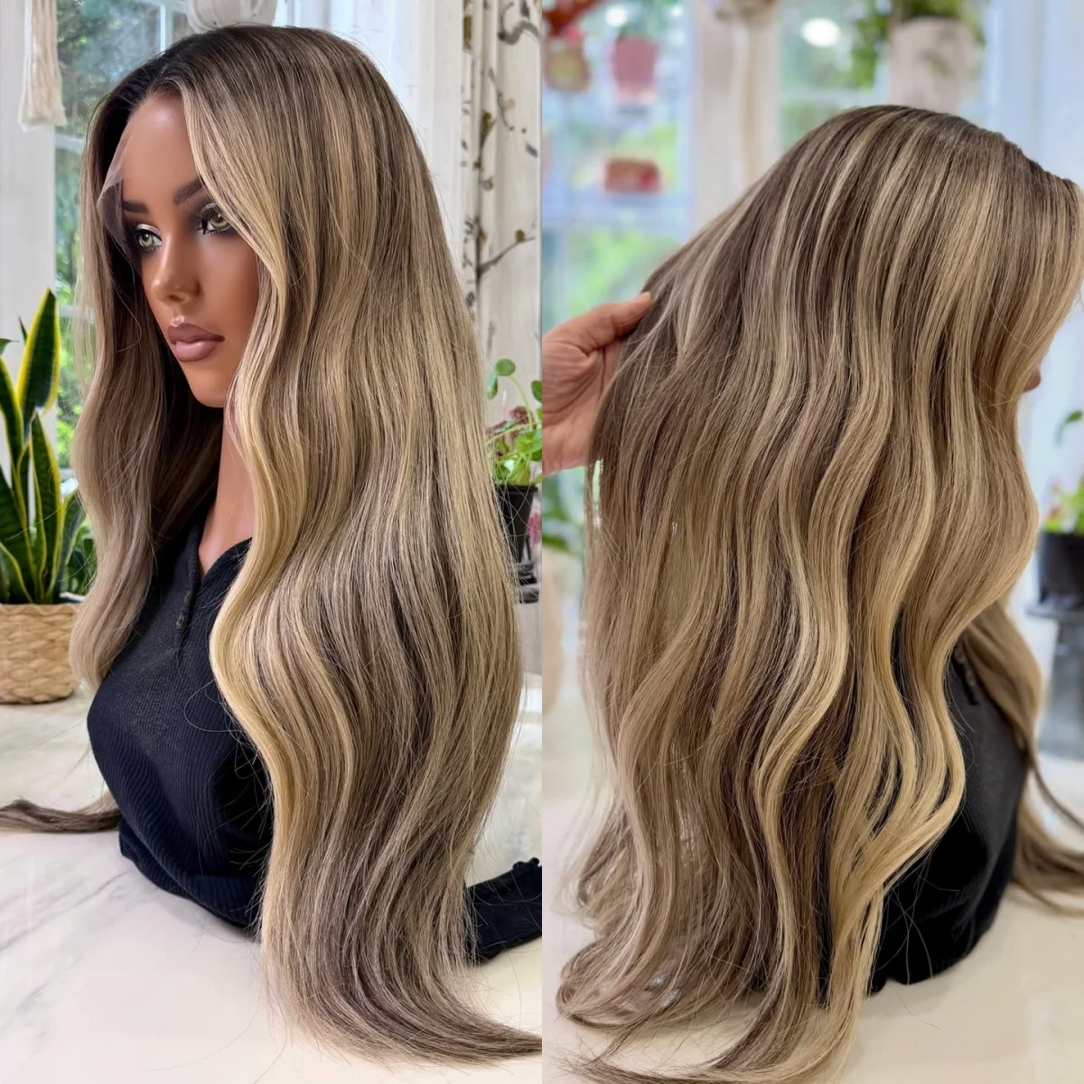 26 Inch New In Free Part Ombre Ash Blonde Brown Synthetic HD Lace Front Wig with Roots Preplucked Hairline Small Large Szie Cap