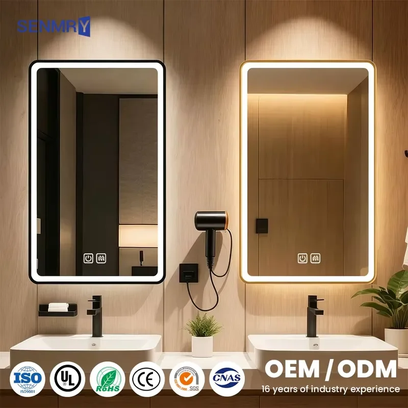 Rectangular Brushed Stainless Steel Frame Wall Mounted Furniture Hotel LED Light Bathroom Mirror