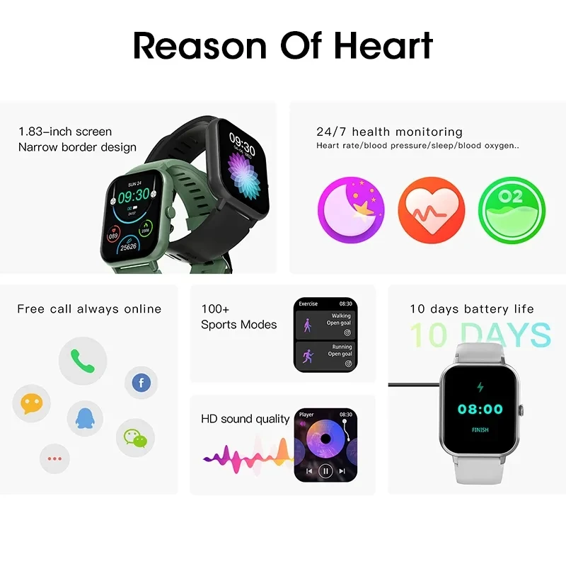 Reloj inteligente deportivo para hombre y mujer, pulsera con llamadas, Bluetooth, presión arterial, 1,83 pulgadas, con caja, para android e IOS, nuevo, 2023