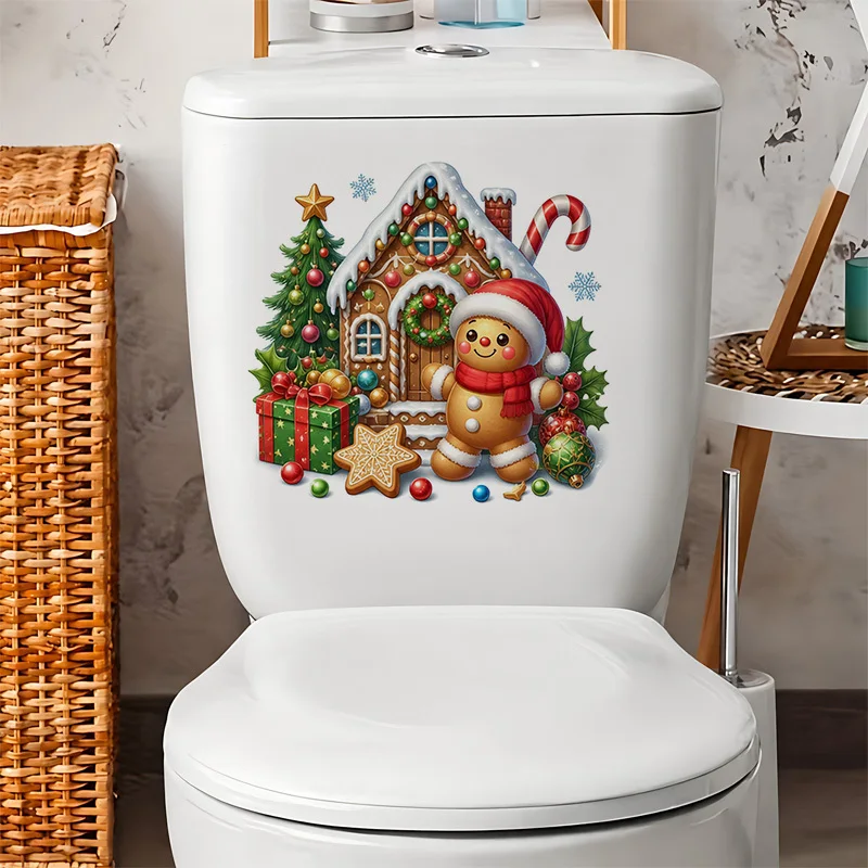 1 piece set of gingerbread man and Christmas cottage pattern toilet sticker, water tank sticker, bathroom decoration, fun toilet